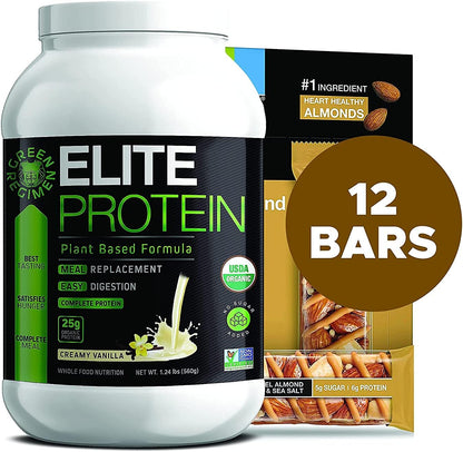 Elite Protein Powder - Vegan, Organic Plant Based Protein Powder, Pea and Hemp Protein, Muscle Recovery and Meal Replacement Protein Shake with 12 Kind Protein Bars (Vanilla - 1.24 Lbs)
